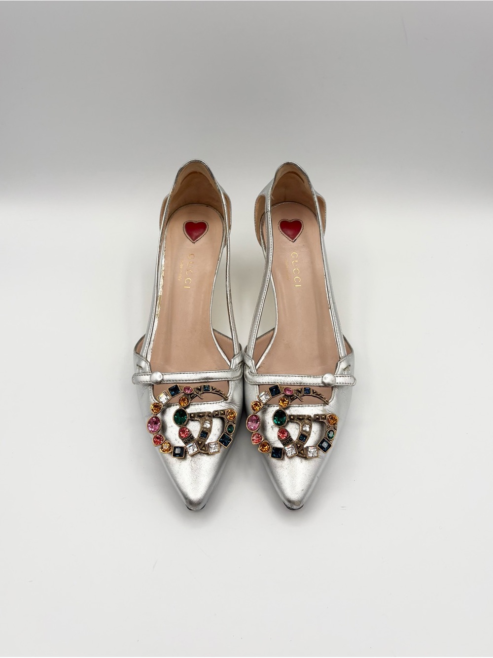 Gucci Silver Pointed Toe Pumps w/ Rhinestone GG Accent & Bamboo Heels Sz EU 36